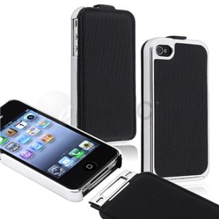 Black Deluxe Flip PU Leather Chrome Case Cover for Apple iPhone 4 4G