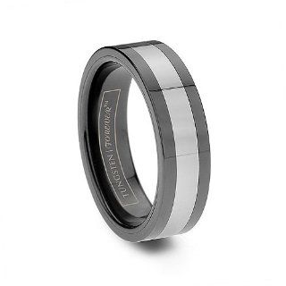 6mm Mens Black Tungsten Ceramic Inlay Flat Comfort Fit Ring   Size 8