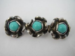 Wonderful Vintage Mexican Sterling Silver Turquoise Flower Pin Brooch