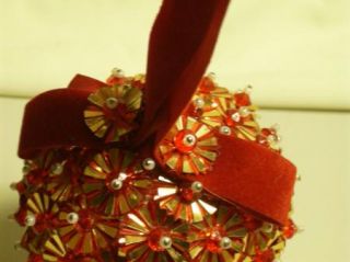  Fancy 60s Red Gold Sequin Beaded Pin Art Ribbon Bulb Ornament Homemade