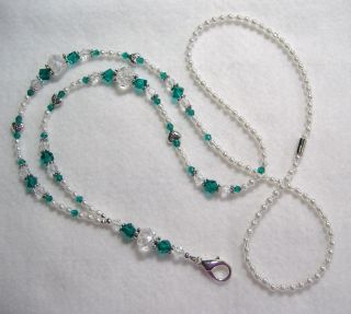 38 Teal Crystals w/ hearts ~ Beaded Lanyard Necklace ID Badge ~ pjlaw
