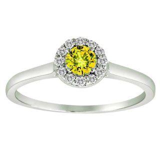 14K White Gold Halo Round Diamond & Yellow Sapphire Ring