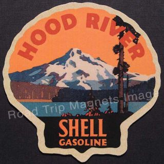  GASOLINE HOOD RIVER (OREGON) 1920s TRAVEL DECAL MAGNET w/MT HOOD SCENE