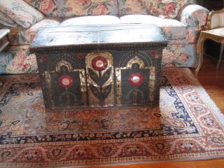   Primitive Wood Tin Hand Decorated Blanket Hope Chest Circa 1800s