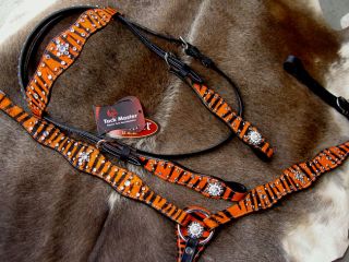 Horse Bridle Breast Collar Western Leather Headstall Orange Zebra Tack