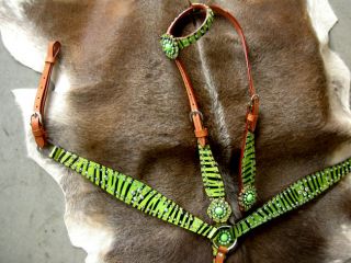 Horse Bridle Western Leather Headstall Breastcollar Lime Green Zebra