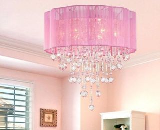 Pink Drum Shade Crystal Ceiling Chandelier Pendant Light Fixture