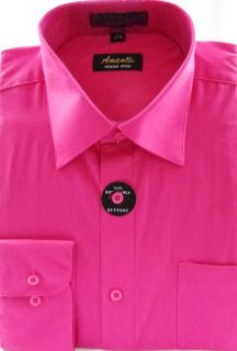 Mens Dress Shirt Fuschia Hot Pink Modern Fit Wrinkle Free Cotton Blend