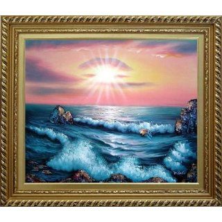Ocean Sunset Sea Waves Oil Painting, with Exquisite Gold