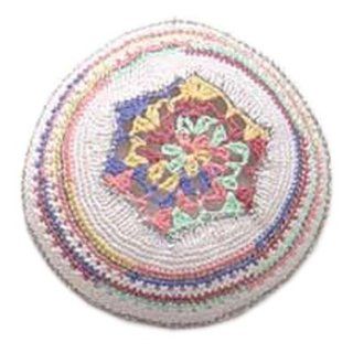 Knitted Kippot Rainbow Clolored with Flower Design in
