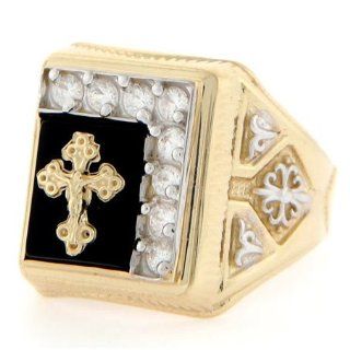 14k Gold 10 x 8mm Onyx Crucifix Polished CZ Mens Ring: Jewelry: 