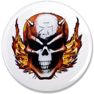 3.5 Button Skull with Flames Iron Cross and Spikes