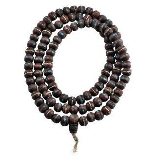 Tibetan 108 Beads Hemp Bodhi Seed Turquoise Coral Metal Inlaid