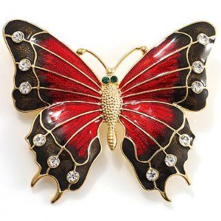 Oversized Gold Red Enamel Butterfly Brooch: Jewelry