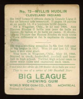 1933 World Wide Gum 72 Hudlin Cleveland Indians
