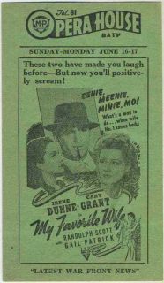 1940 Movie Theater Schedule Card   MY FAVORITE WIFE Cary Grant + Irene