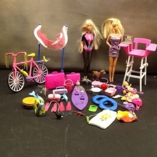 Hugh Lot 45 Piece Barbie Doll Accessories Beach Items 2 Dolls Bike