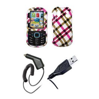 Hot Pink Plaid Snap On Cover Case + Car Charger (CLA