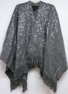 IMAN Sequin Sweater Wrap w Fringes Gray One Size New