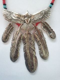 USA Indian Eagle Feathers Glass Beads Alpaca Pendant
