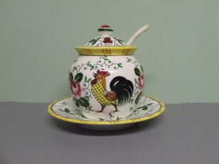   PY Rooster and Roses Single Condiment Jar w Attatched Plate Spoon