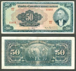 Turkey 1947 Inonu 50 Lira RRR Papyonlu Very Fine Number C2 11444