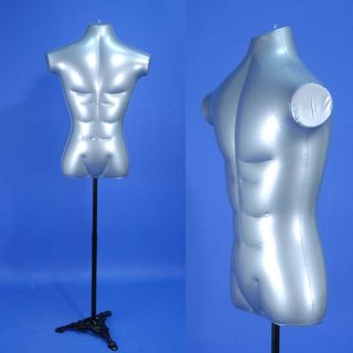 Silver Male Inflatable Torso Form Mannequin w/ a Black Metal Stand