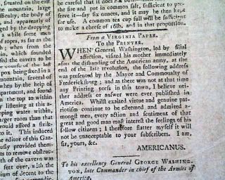 George Washington Rev War Leader Letter 1796 Newspaper