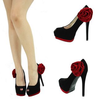 Blk Open Peep Toe Red Rose Flower High Heel Platform Stiletto Womens