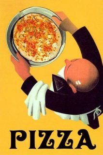 Waiter Restaurant Car PIZZA Fine Italian Food Large Vintage Poster