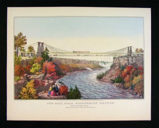 Currier Ives Print Railroad Suspension Bridge Niagara Falls New York