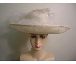 JACK MCONNELL large beige straw hat with white tulle all over the brim
