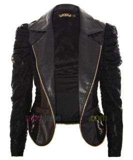  Leather Lace Chain Zip Accent Black Biker Jacket UK 8 10 12