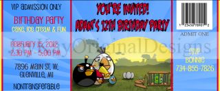 Personalized Angry Birds Ticket Style Birthday Party Invitations