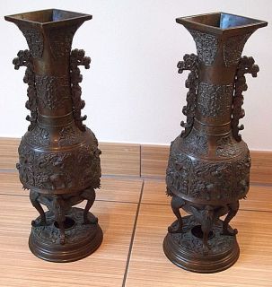Important Antique Pair Japanese Meiji Patinated Bronze Dragon Vases
