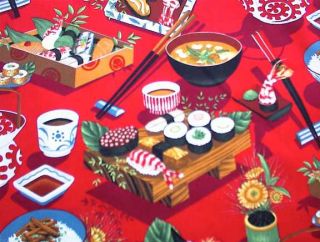Japanese Sushi Quilt Fabric on Red Oriental