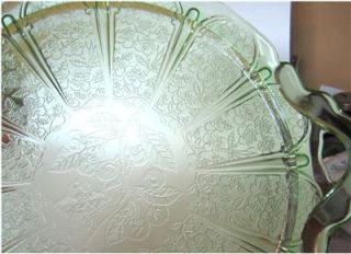 Jeannette Cherry Blossom Green Vaseline Glass 2 Handle Cake Plate