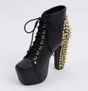 Jeffrey Campbell New Lita Gold Spike Black Leather Ankle Boots Shoes 7