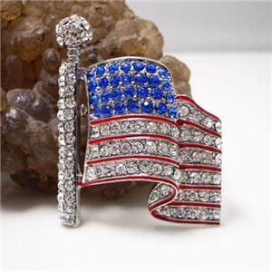 USA American Flag w Rhinestone Crystals Brooch Pin Gift