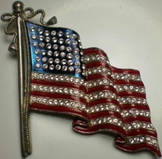  Trifari Rhinestones Enamel Patriotic American Flag Pin Brooch