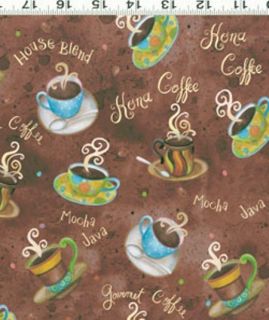 ZIPPY JAVA CLOTHWORKS FABRIC BY 1 2 YD TOSSED COFFEE CUPS ON BROWN