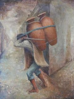  Menchaca Original Oil Painting Boy Carrying Jars South America