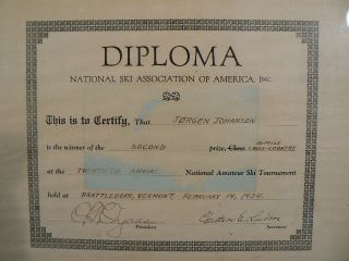  diploma award National Ski Assoc Jorgan Johanson Brattledoro Vt 1924