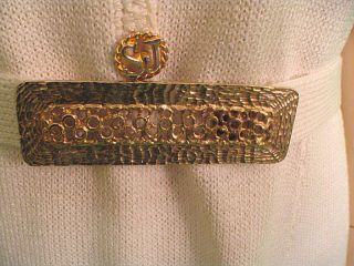 Vintage St John Ivory Knit Knee Length Dress Gold Logo Buttons with Belt Sz M  