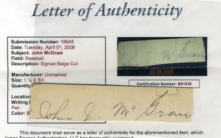 John McGraw JSA Signed Large Cut Autograph  