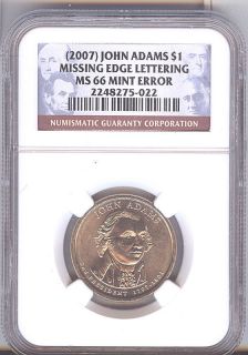 2007 Missing Edge Lettering John Adams $1 NGC MS66  