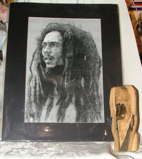 Vintage Bob Marley Print Wood Carving Bust Statue  