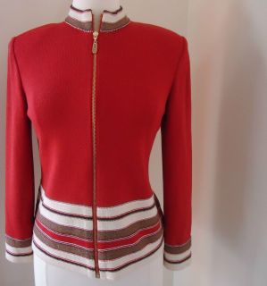 St John Sport By Marie Gray Womens P Knit Sweater Jacket Rust Black White Stripe  