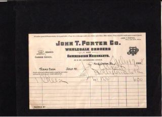 Scranton PA 1908 John Porter Wholesale Grocer Invoice  