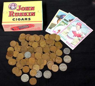 Wheat Cents Treasure in John Ruskin Style Cigar Box Nice Penny Collection  